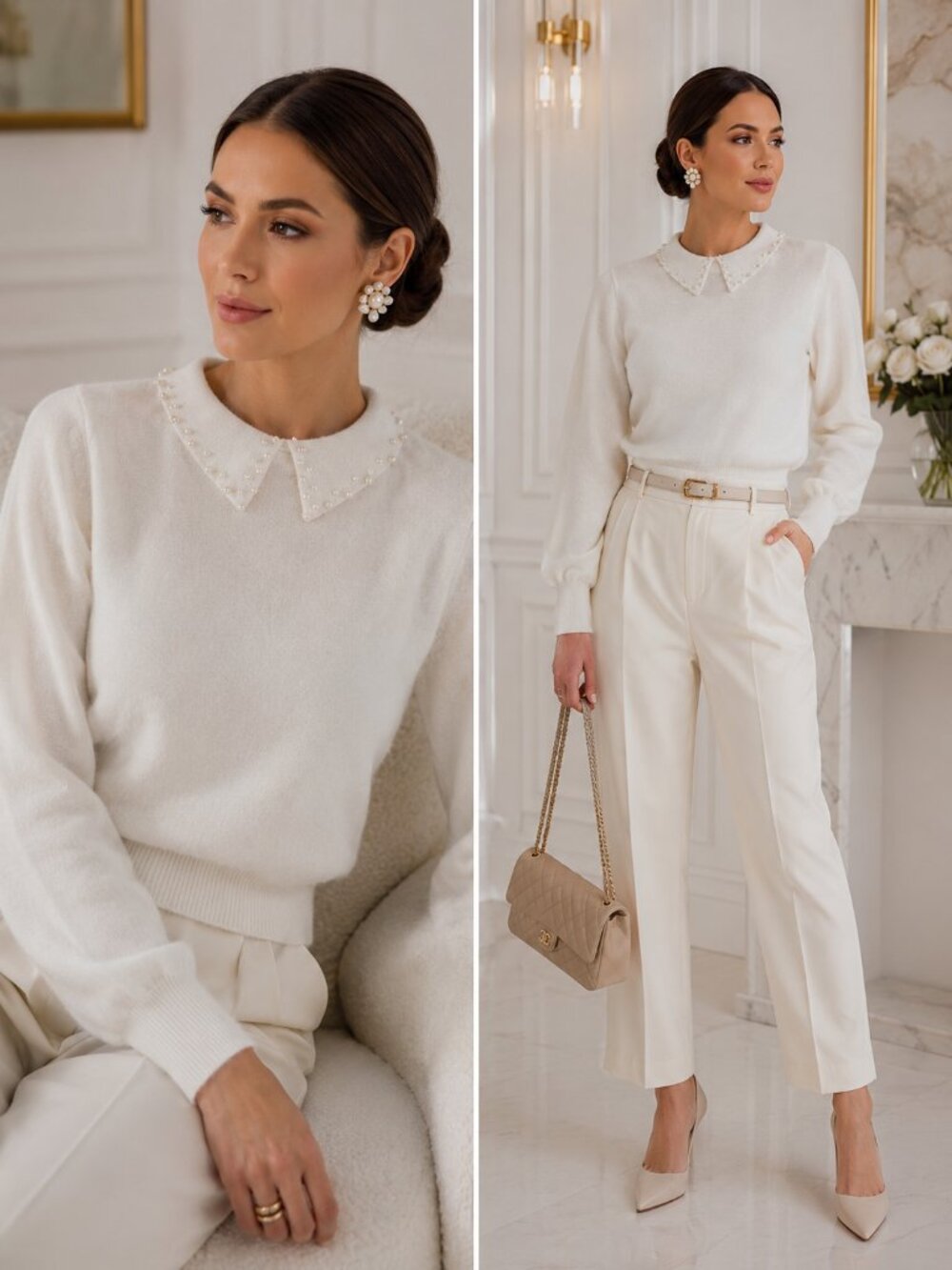 Elie Tahari Pearl Collar Knit Sweater White Long Sleeve Elegant Top Size S